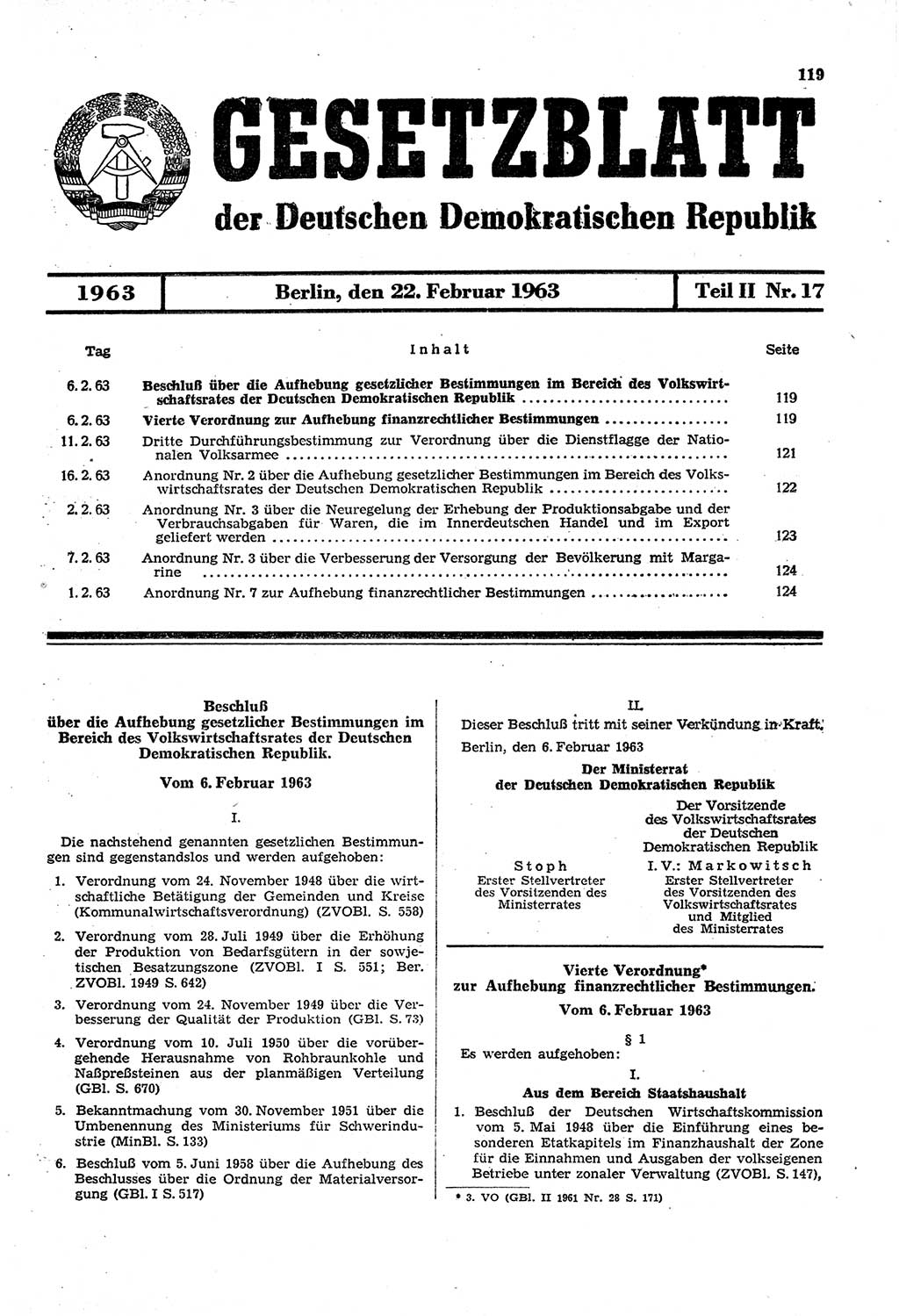 Gesetzblatt (GBl.) der Deutschen Demokratischen Republik (DDR) Teil ⅠⅠ 1963, Seite 119 (GBl. DDR ⅠⅠ 1963, S. 119)