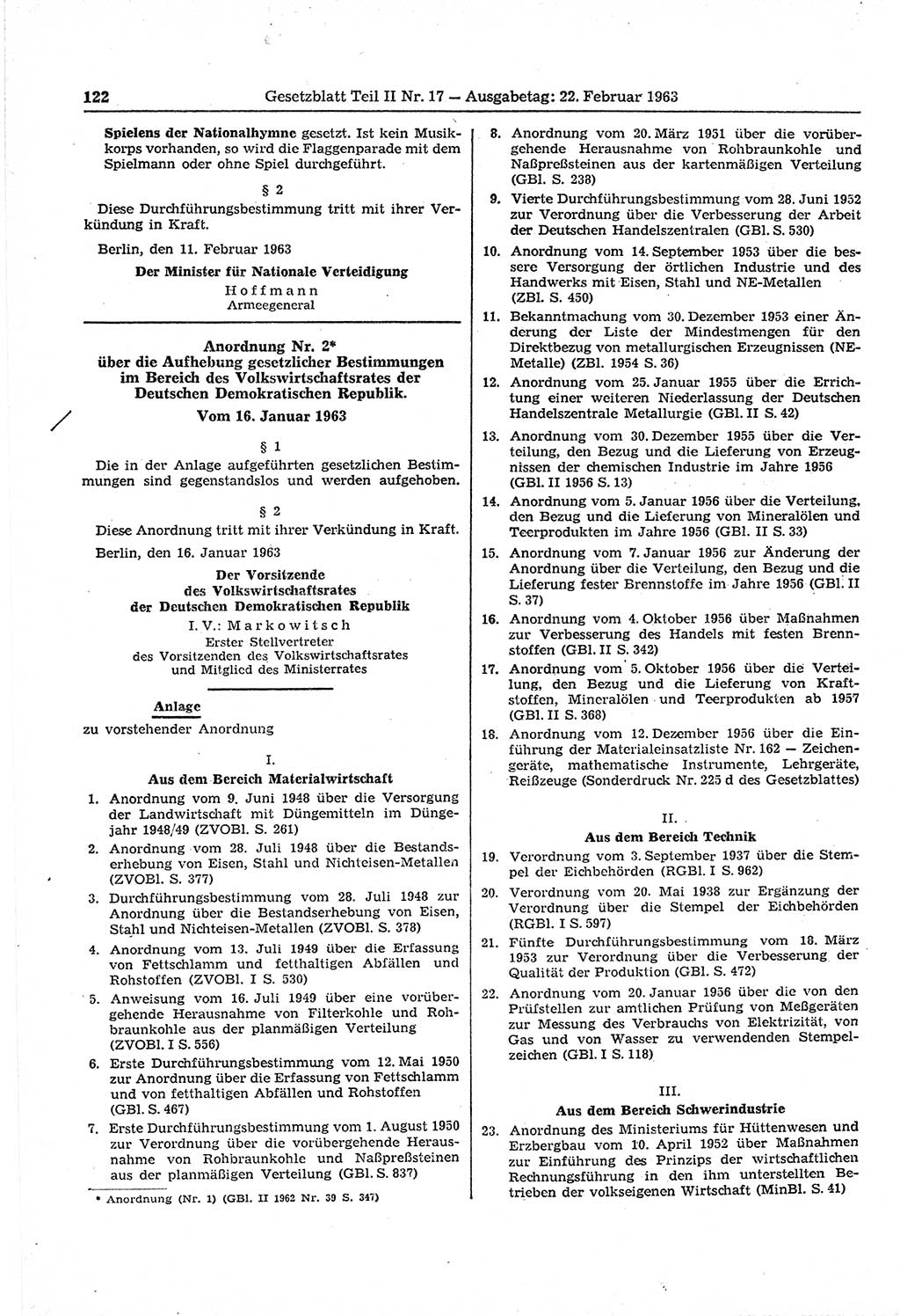 Gesetzblatt (GBl.) der Deutschen Demokratischen Republik (DDR) Teil ⅠⅠ 1963, Seite 122 (GBl. DDR ⅠⅠ 1963, S. 122)