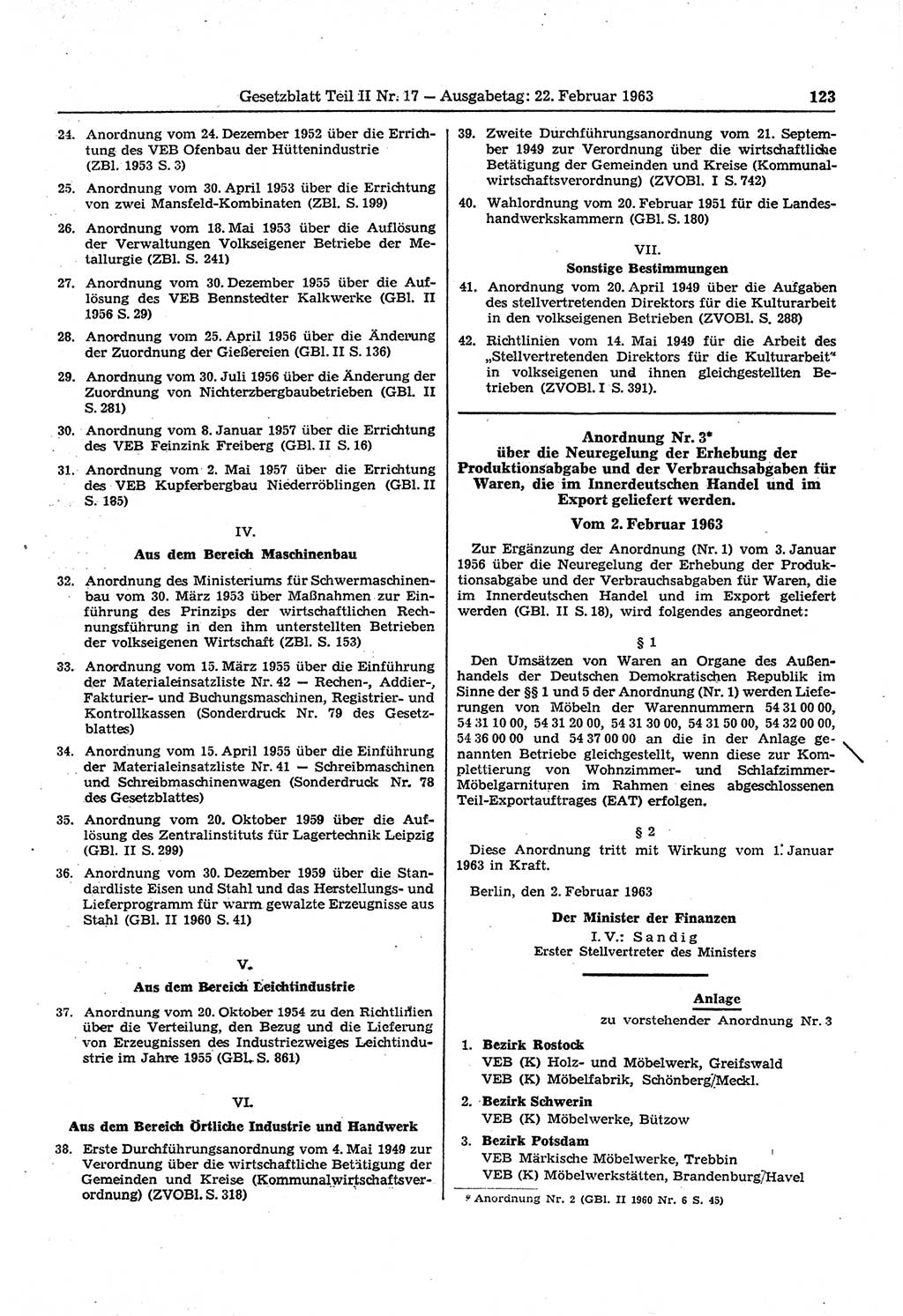 Gesetzblatt (GBl.) der Deutschen Demokratischen Republik (DDR) Teil ⅠⅠ 1963, Seite 123 (GBl. DDR ⅠⅠ 1963, S. 123)