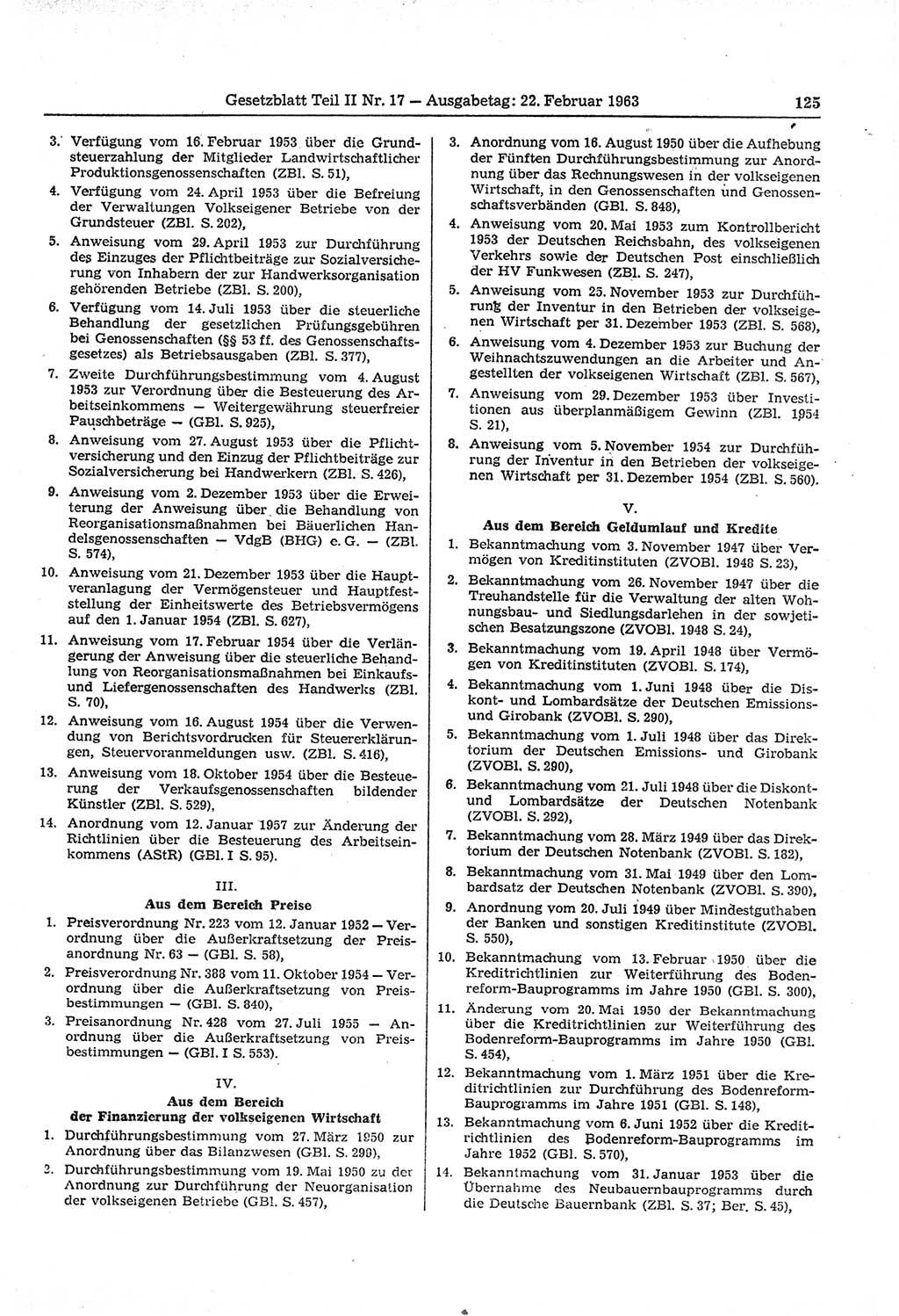 Gesetzblatt (GBl.) der Deutschen Demokratischen Republik (DDR) Teil ⅠⅠ 1963, Seite 125 (GBl. DDR ⅠⅠ 1963, S. 125)