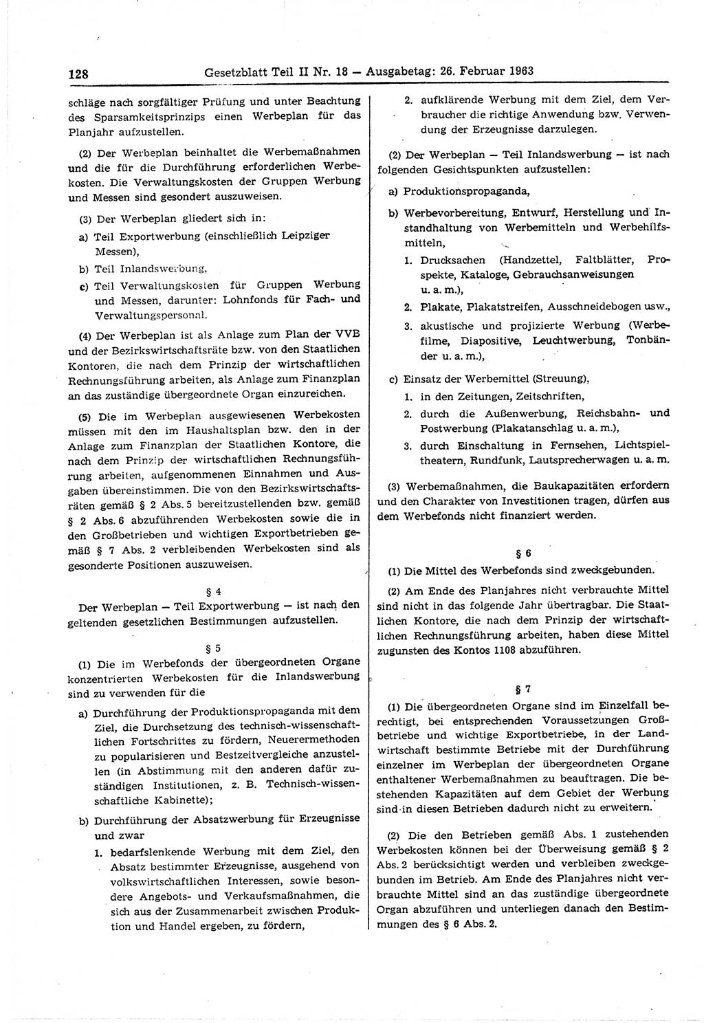 Gesetzblatt (GBl.) der Deutschen Demokratischen Republik (DDR) Teil ⅠⅠ 1963, Seite 128 (GBl. DDR ⅠⅠ 1963, S. 128)