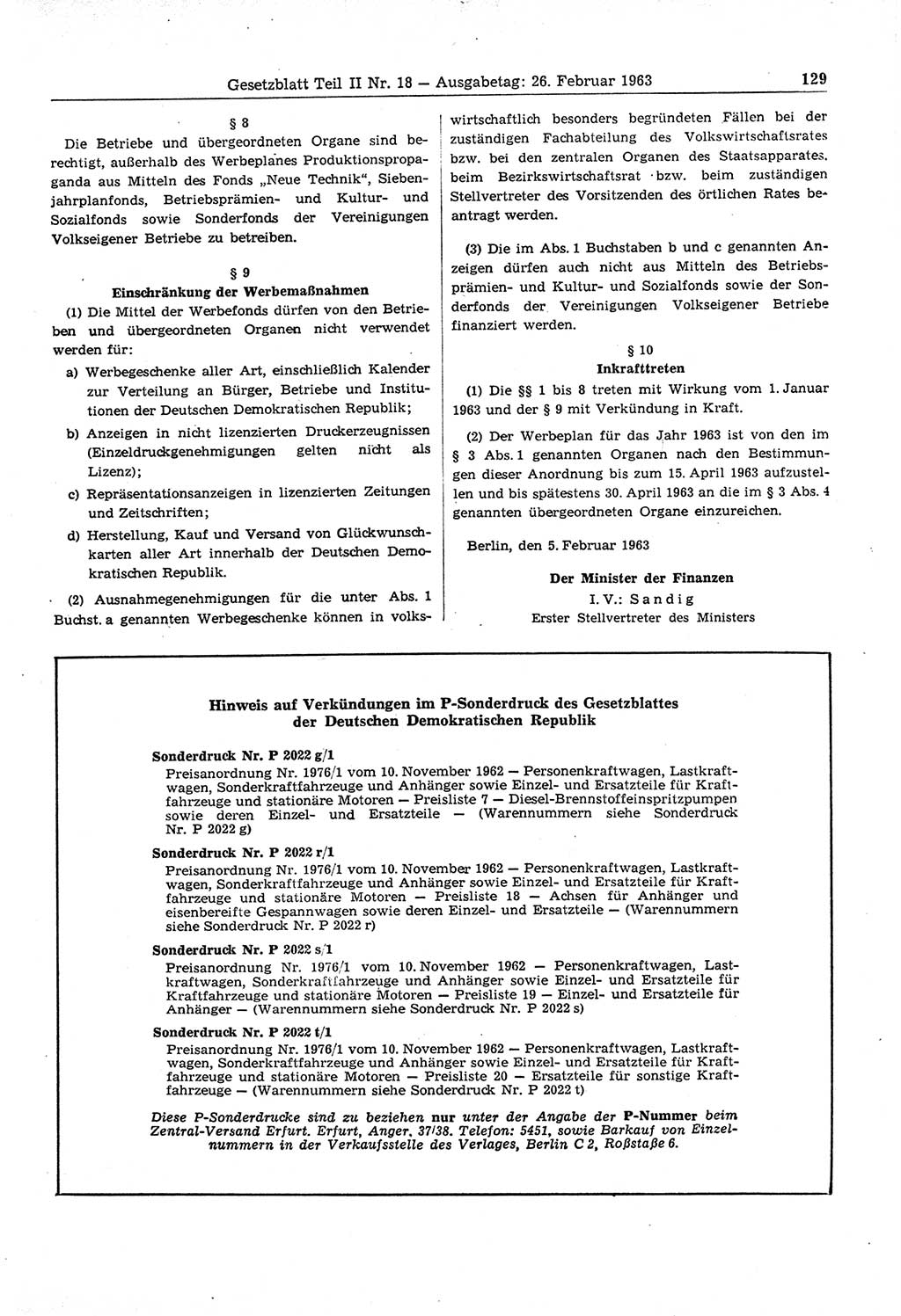 Gesetzblatt (GBl.) der Deutschen Demokratischen Republik (DDR) Teil ⅠⅠ 1963, Seite 129 (GBl. DDR ⅠⅠ 1963, S. 129)