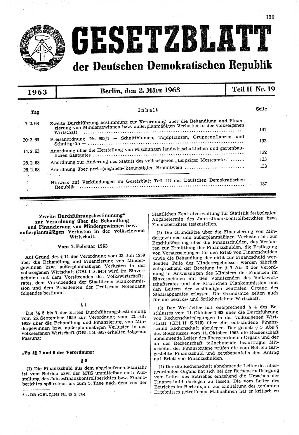 Gesetzblatt (GBl.) der Deutschen Demokratischen Republik (DDR) Teil ⅠⅠ 1963, Seite 131 (GBl. DDR ⅠⅠ 1963, S. 131)