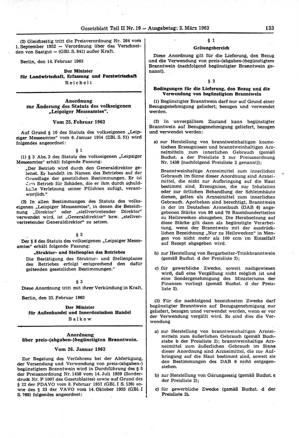 Gesetzblatt (GBl.) der Deutschen Demokratischen Republik (DDR) Teil ⅠⅠ 1963, Seite 133 (GBl. DDR ⅠⅠ 1963, S. 133)