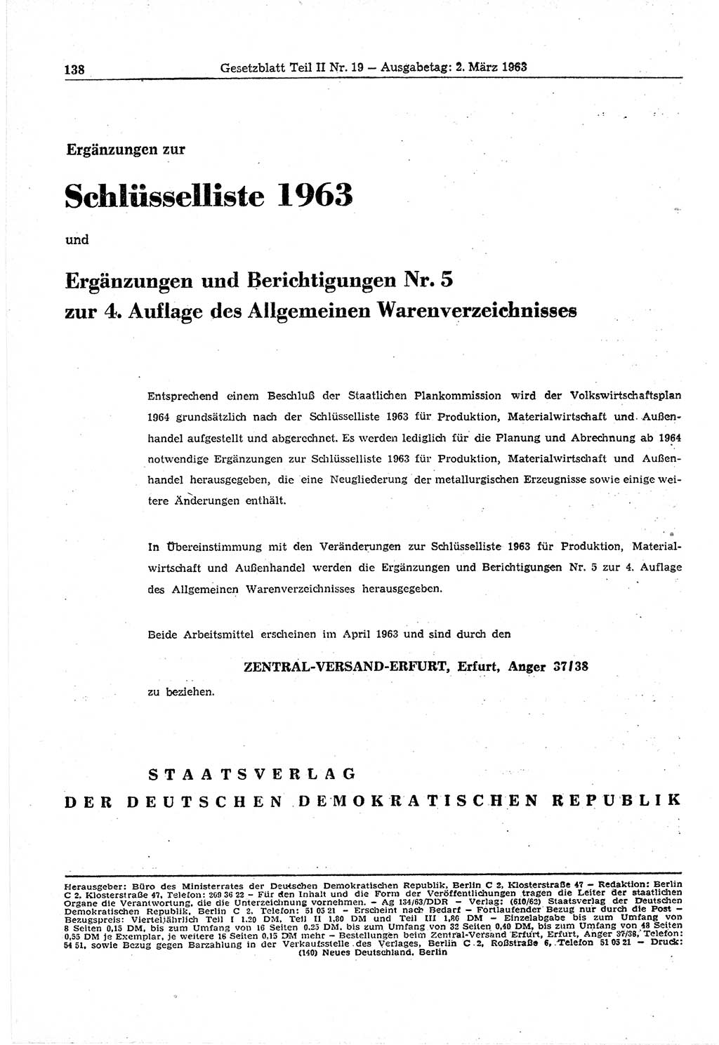 Gesetzblatt (GBl.) der Deutschen Demokratischen Republik (DDR) Teil ⅠⅠ 1963, Seite 138 (GBl. DDR ⅠⅠ 1963, S. 138)