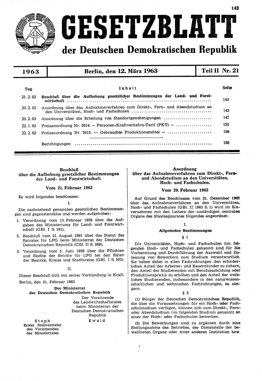 Gesetzblatt (GBl.) der Deutschen Demokratischen Republik (DDR) Teil ⅠⅠ 1963, Seite 143 (GBl. DDR ⅠⅠ 1963, S. 143)