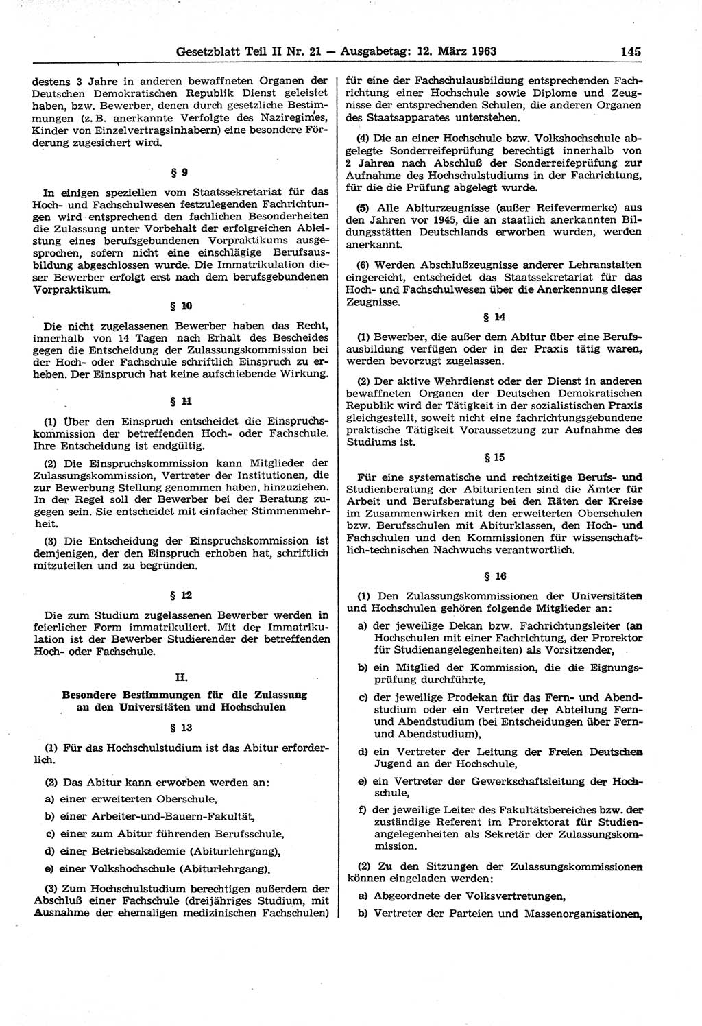 Gesetzblatt (GBl.) der Deutschen Demokratischen Republik (DDR) Teil ⅠⅠ 1963, Seite 145 (GBl. DDR ⅠⅠ 1963, S. 145)