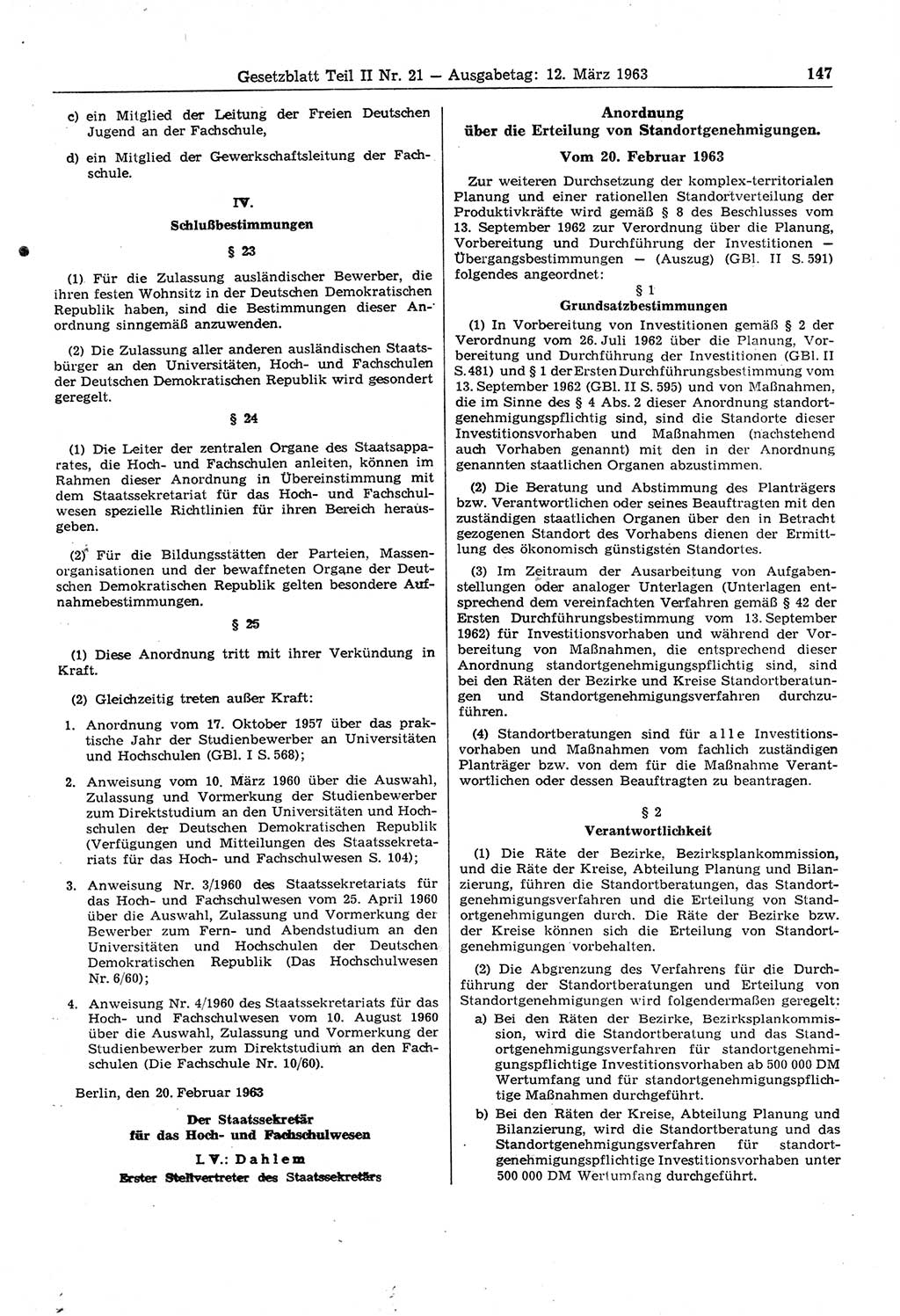 Gesetzblatt (GBl.) der Deutschen Demokratischen Republik (DDR) Teil ⅠⅠ 1963, Seite 147 (GBl. DDR ⅠⅠ 1963, S. 147)