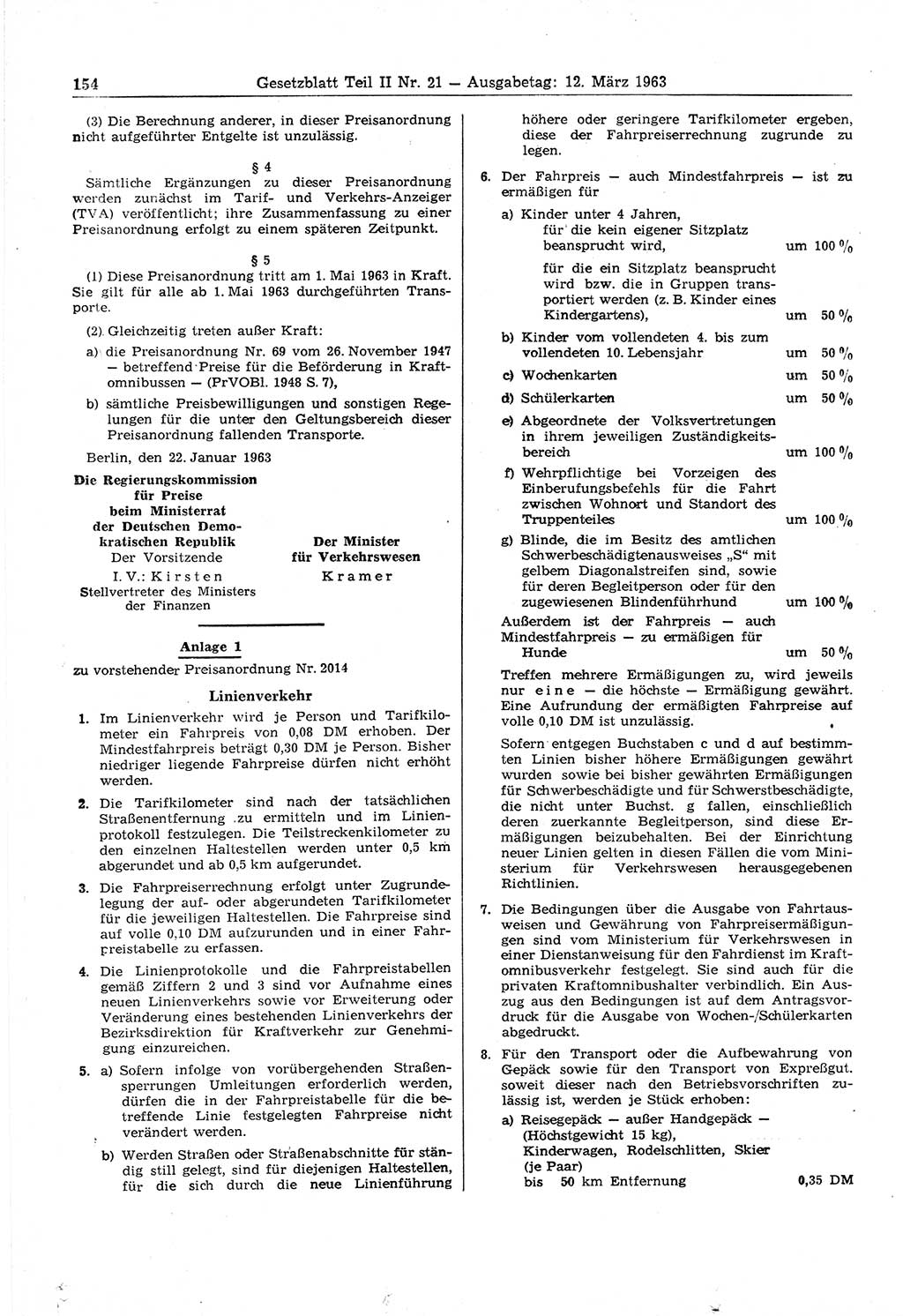 Gesetzblatt (GBl.) der Deutschen Demokratischen Republik (DDR) Teil ⅠⅠ 1963, Seite 154 (GBl. DDR ⅠⅠ 1963, S. 154)