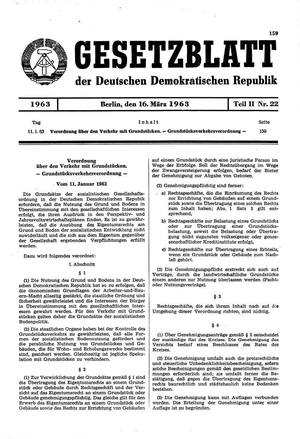 Gesetzblatt (GBl.) der Deutschen Demokratischen Republik (DDR) Teil ⅠⅠ 1963, Seite 159 (GBl. DDR ⅠⅠ 1963, S. 159)