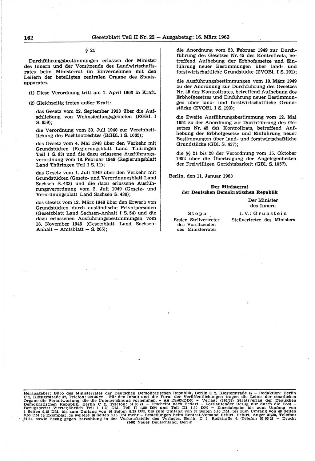 Gesetzblatt (GBl.) der Deutschen Demokratischen Republik (DDR) Teil ⅠⅠ 1963, Seite 162 (GBl. DDR ⅠⅠ 1963, S. 162)
