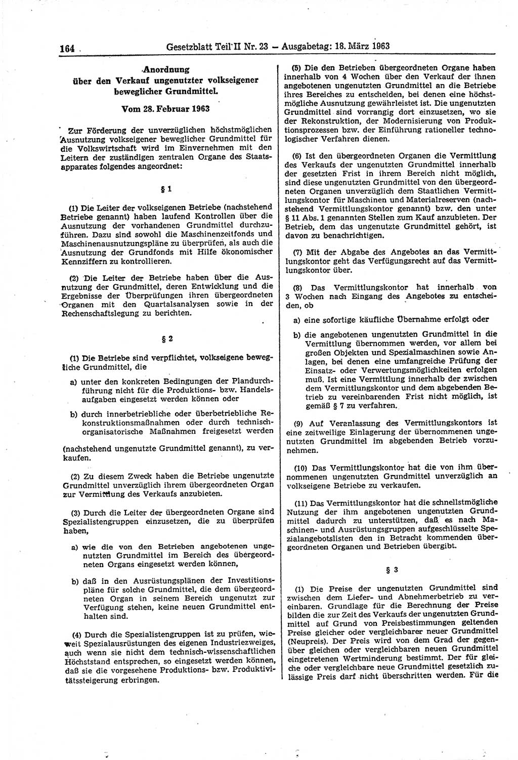 Gesetzblatt (GBl.) der Deutschen Demokratischen Republik (DDR) Teil ⅠⅠ 1963, Seite 164 (GBl. DDR ⅠⅠ 1963, S. 164)