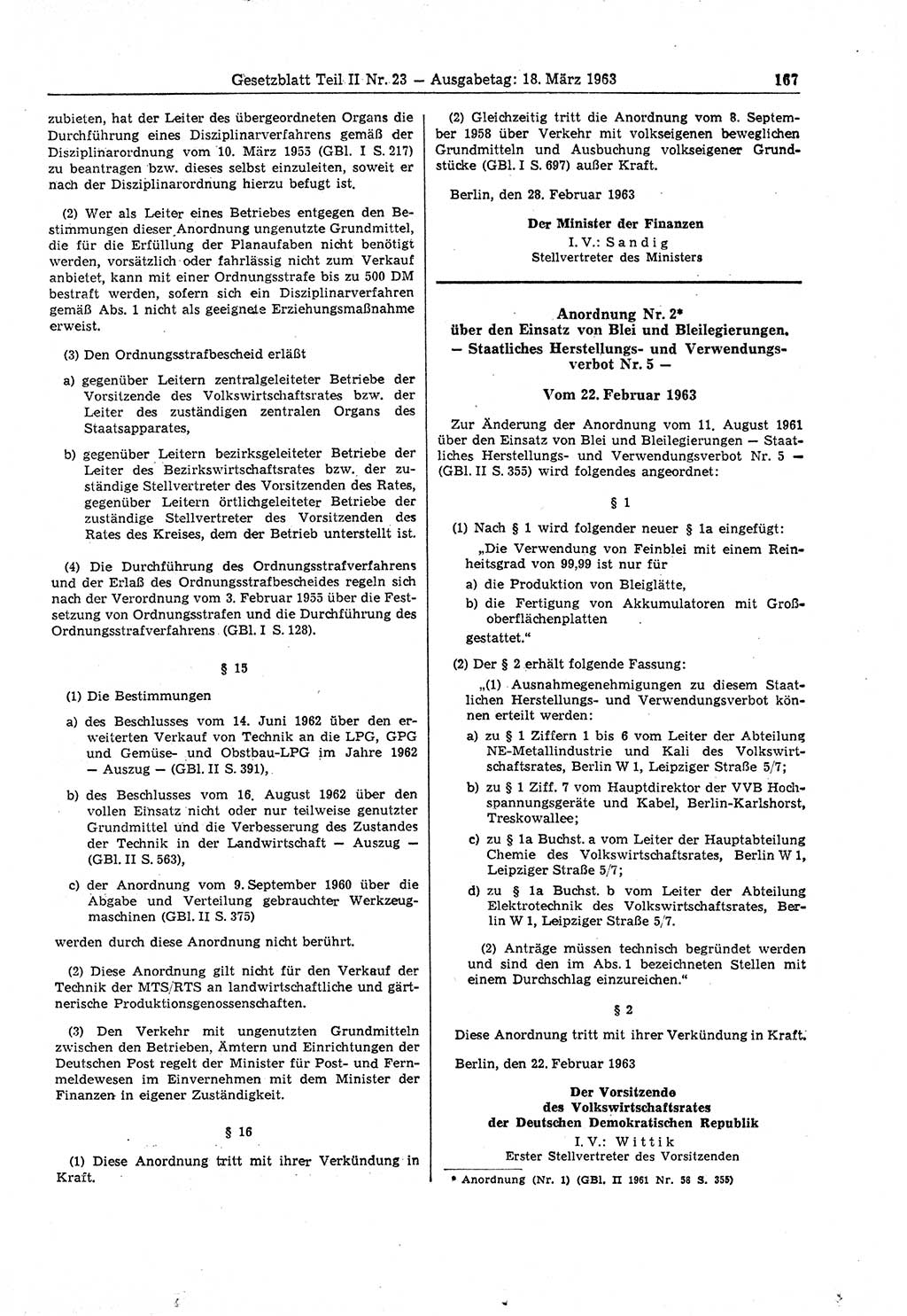 Gesetzblatt (GBl.) der Deutschen Demokratischen Republik (DDR) Teil ⅠⅠ 1963, Seite 167 (GBl. DDR ⅠⅠ 1963, S. 167)