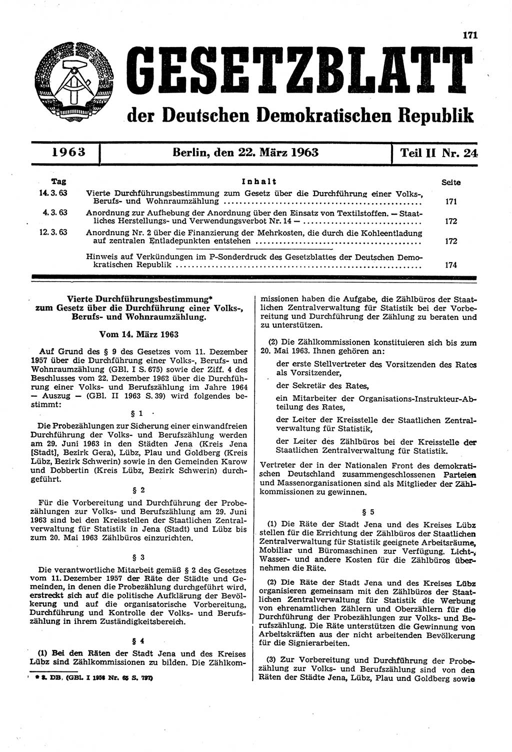 Gesetzblatt (GBl.) der Deutschen Demokratischen Republik (DDR) Teil ⅠⅠ 1963, Seite 171 (GBl. DDR ⅠⅠ 1963, S. 171)