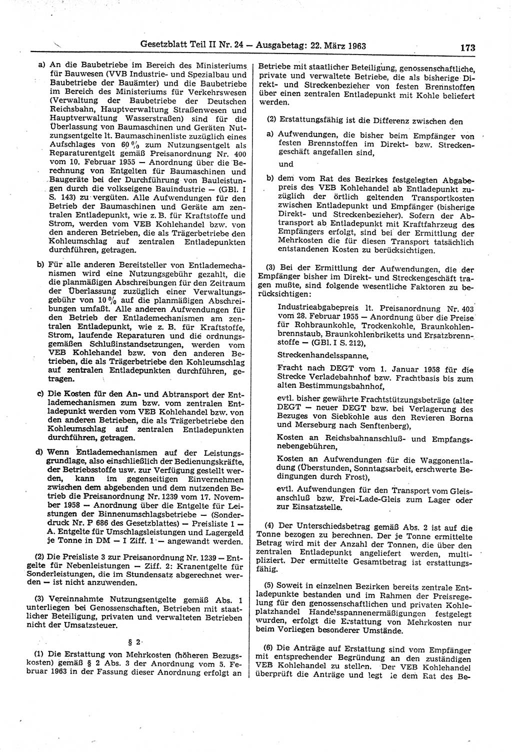 Gesetzblatt (GBl.) der Deutschen Demokratischen Republik (DDR) Teil ⅠⅠ 1963, Seite 173 (GBl. DDR ⅠⅠ 1963, S. 173)