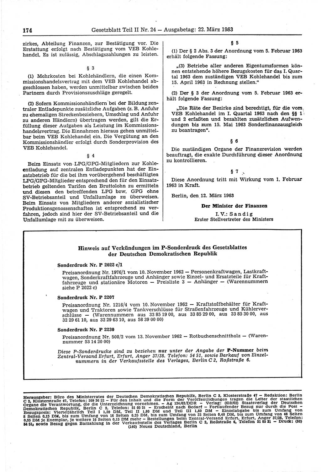 Gesetzblatt (GBl.) der Deutschen Demokratischen Republik (DDR) Teil ⅠⅠ 1963, Seite 174 (GBl. DDR ⅠⅠ 1963, S. 174)