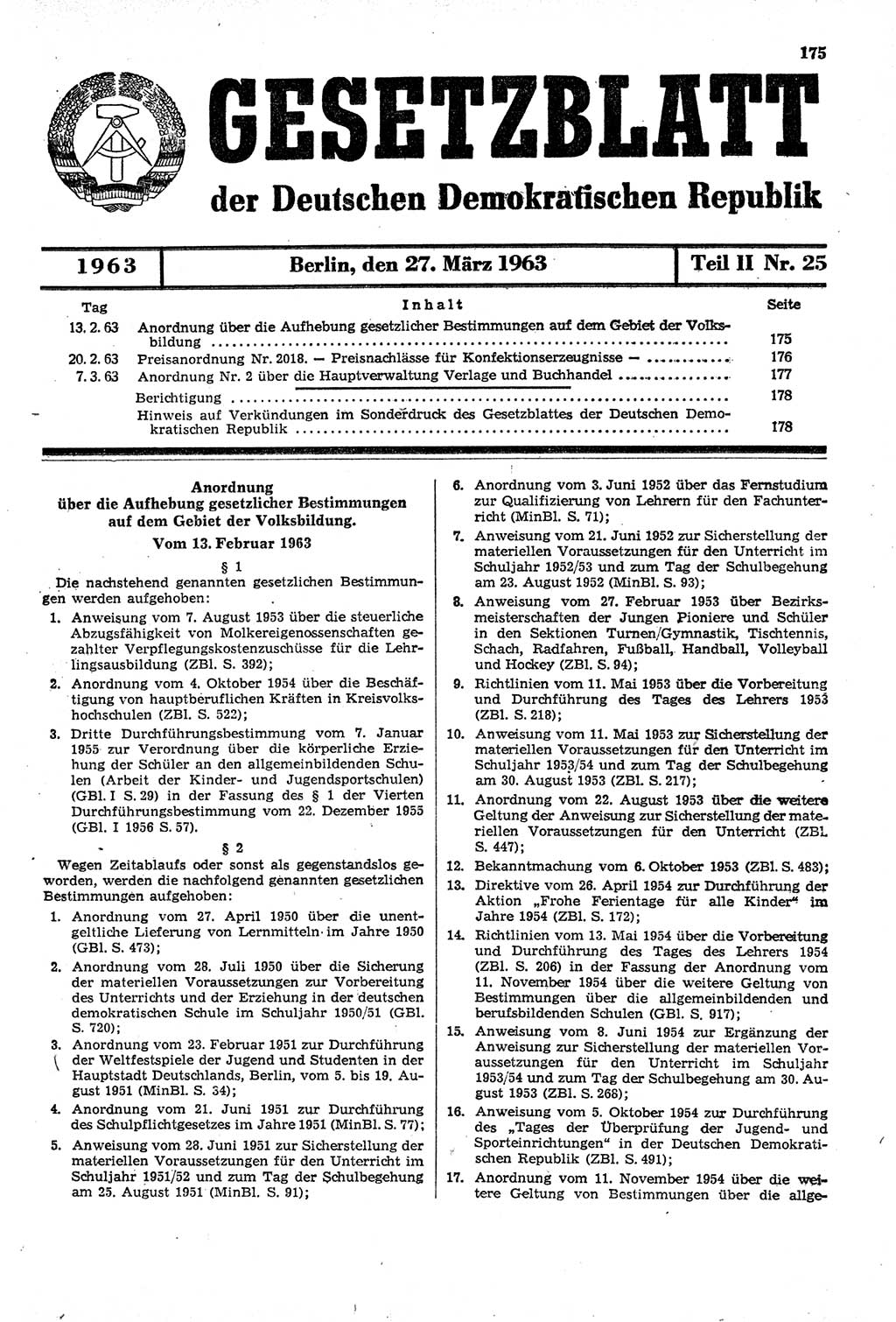 Gesetzblatt (GBl.) der Deutschen Demokratischen Republik (DDR) Teil ⅠⅠ 1963, Seite 175 (GBl. DDR ⅠⅠ 1963, S. 175)
