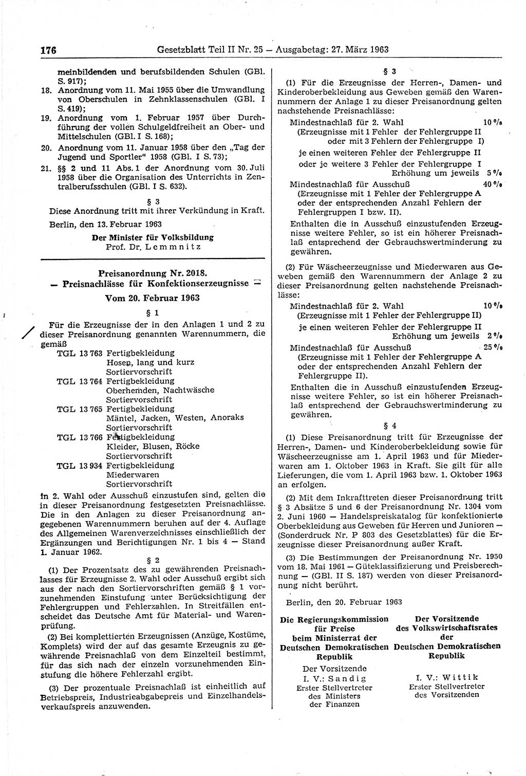 Gesetzblatt (GBl.) der Deutschen Demokratischen Republik (DDR) Teil ⅠⅠ 1963, Seite 176 (GBl. DDR ⅠⅠ 1963, S. 176)