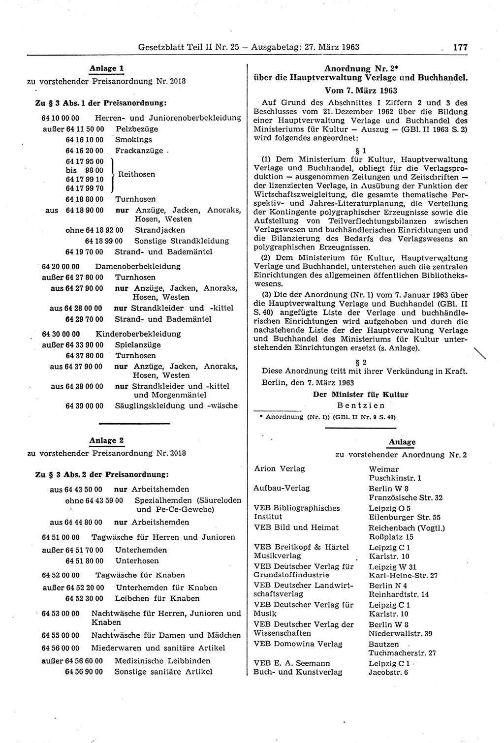 Gesetzblatt (GBl.) der Deutschen Demokratischen Republik (DDR) Teil ⅠⅠ 1963, Seite 177 (GBl. DDR ⅠⅠ 1963, S. 177)