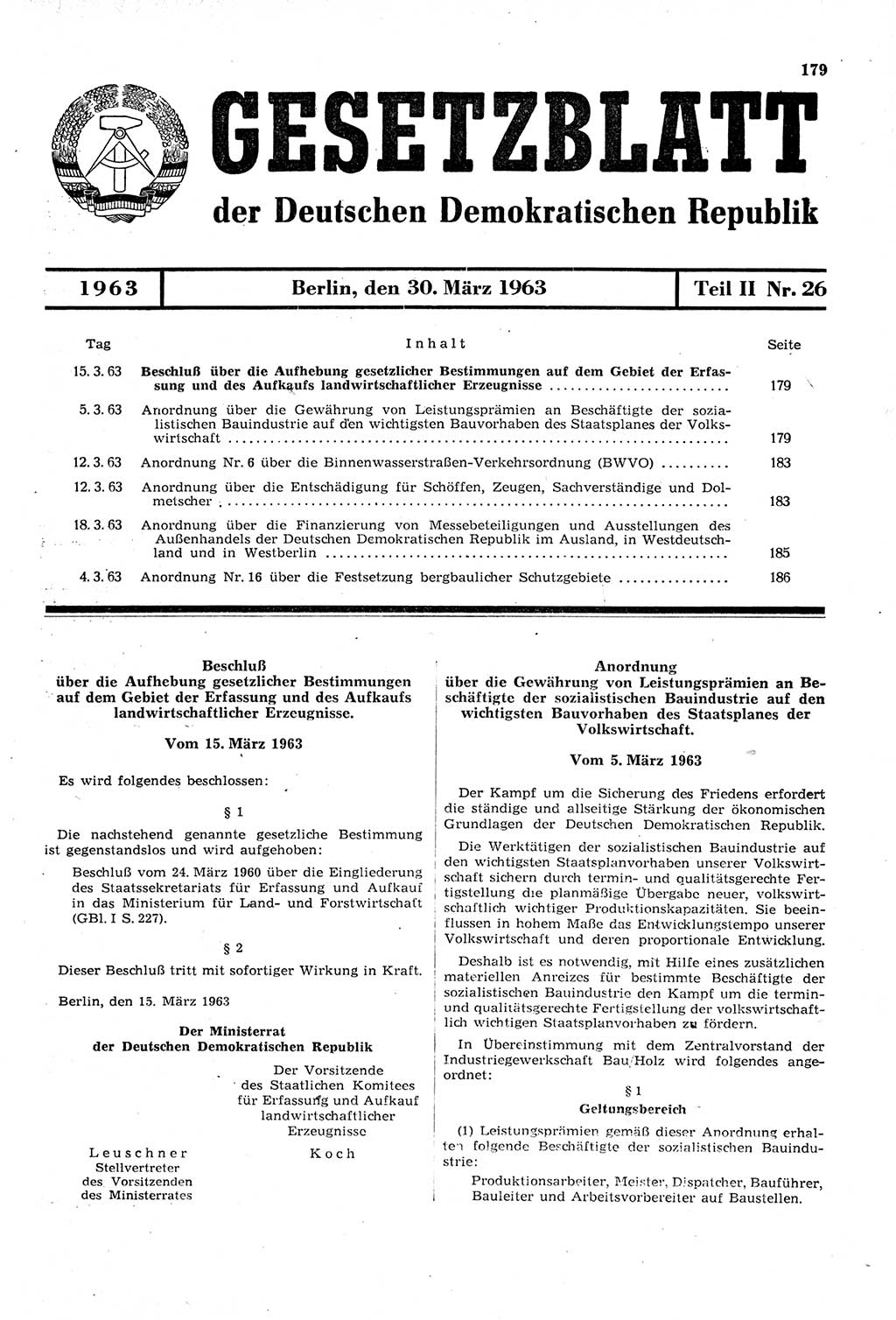 Gesetzblatt (GBl.) der Deutschen Demokratischen Republik (DDR) Teil ⅠⅠ 1963, Seite 179 (GBl. DDR ⅠⅠ 1963, S. 179)