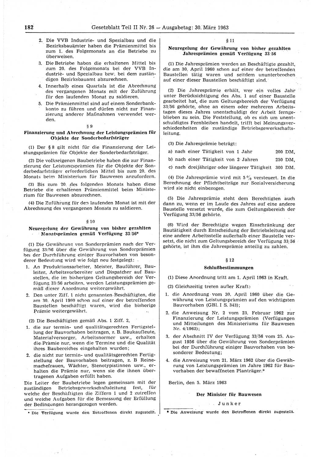 Gesetzblatt (GBl.) der Deutschen Demokratischen Republik (DDR) Teil ⅠⅠ 1963, Seite 182 (GBl. DDR ⅠⅠ 1963, S. 182)