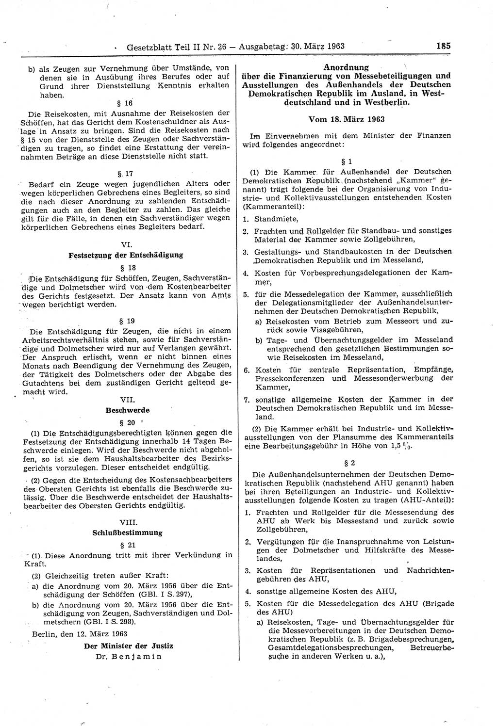 Gesetzblatt (GBl.) der Deutschen Demokratischen Republik (DDR) Teil ⅠⅠ 1963, Seite 185 (GBl. DDR ⅠⅠ 1963, S. 185)