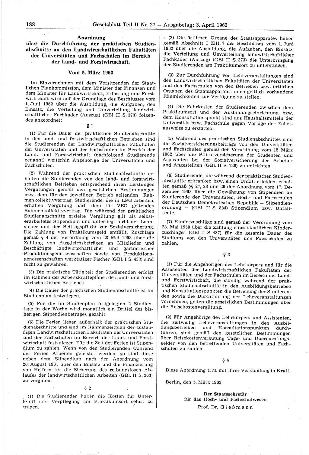 Gesetzblatt (GBl.) der Deutschen Demokratischen Republik (DDR) Teil ⅠⅠ 1963, Seite 188 (GBl. DDR ⅠⅠ 1963, S. 188)