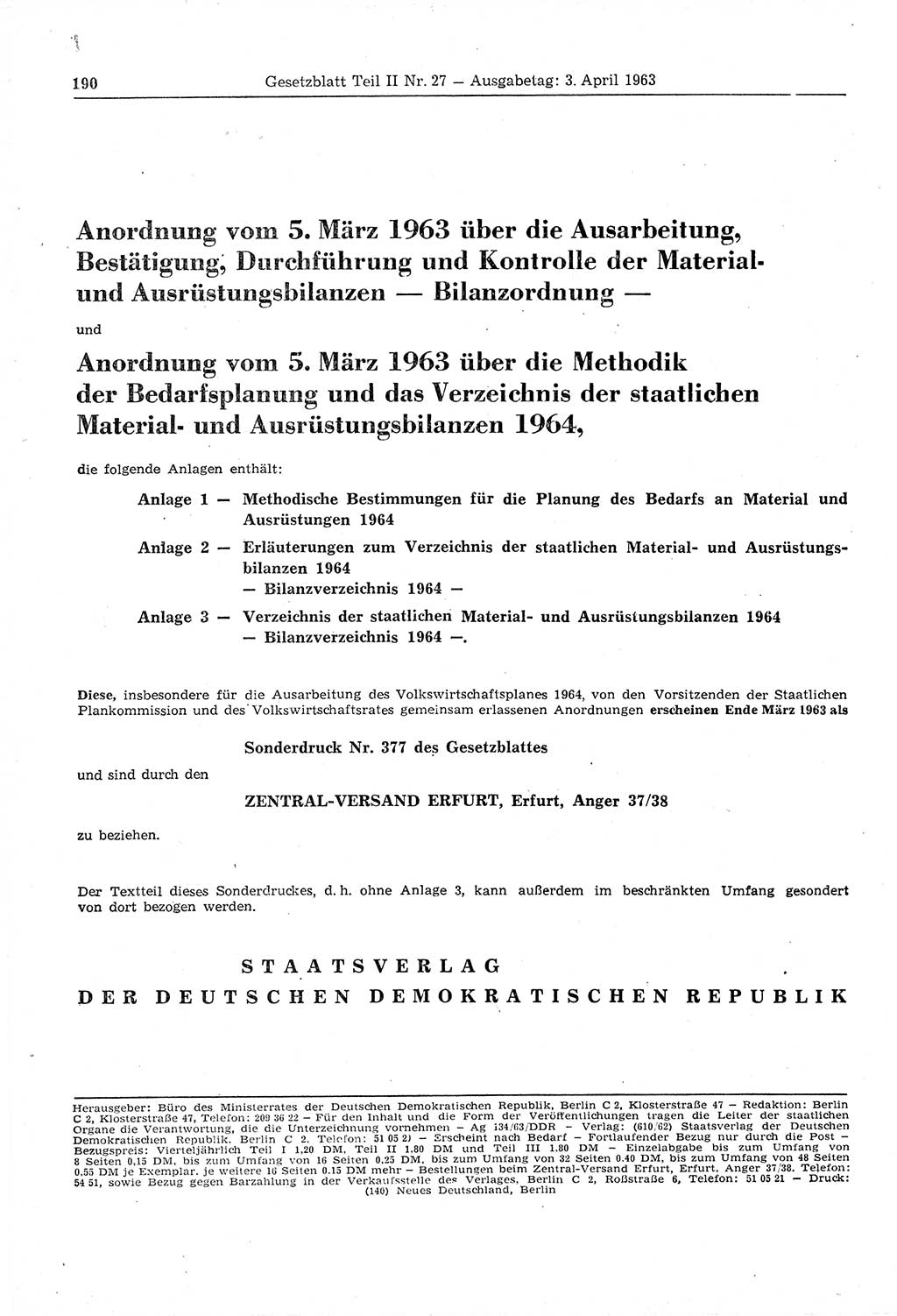 Gesetzblatt (GBl.) der Deutschen Demokratischen Republik (DDR) Teil ⅠⅠ 1963, Seite 190 (GBl. DDR ⅠⅠ 1963, S. 190)