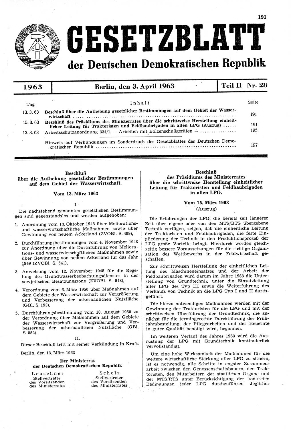 Gesetzblatt (GBl.) der Deutschen Demokratischen Republik (DDR) Teil ⅠⅠ 1963, Seite 191 (GBl. DDR ⅠⅠ 1963, S. 191)