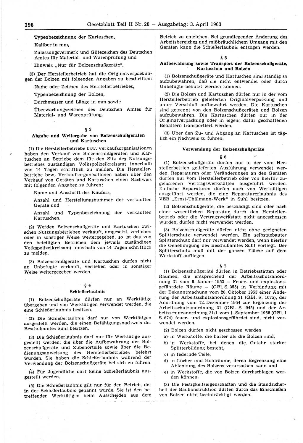 Gesetzblatt (GBl.) der Deutschen Demokratischen Republik (DDR) Teil ⅠⅠ 1963, Seite 196 (GBl. DDR ⅠⅠ 1963, S. 196)
