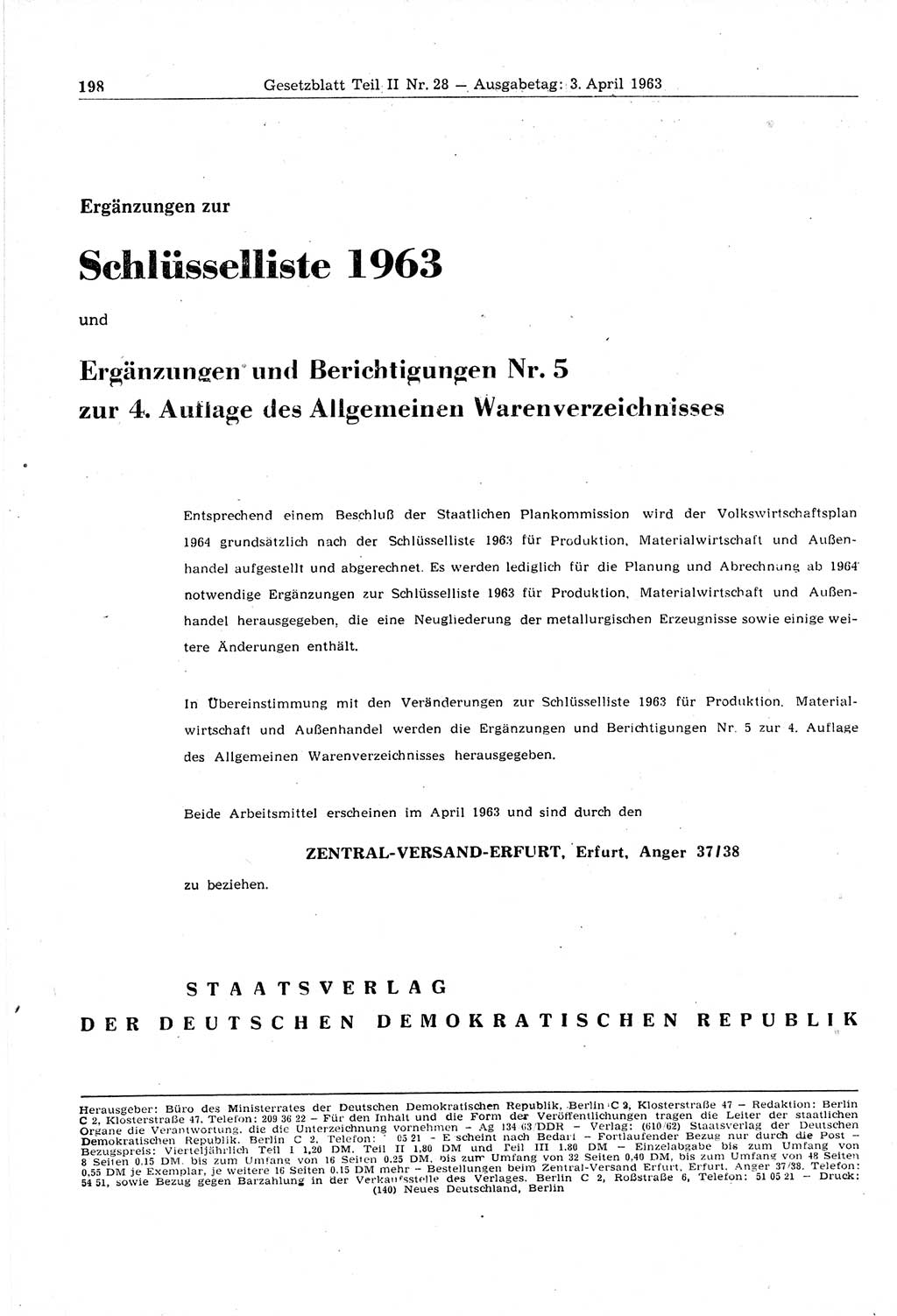 Gesetzblatt (GBl.) der Deutschen Demokratischen Republik (DDR) Teil ⅠⅠ 1963, Seite 198 (GBl. DDR ⅠⅠ 1963, S. 198)