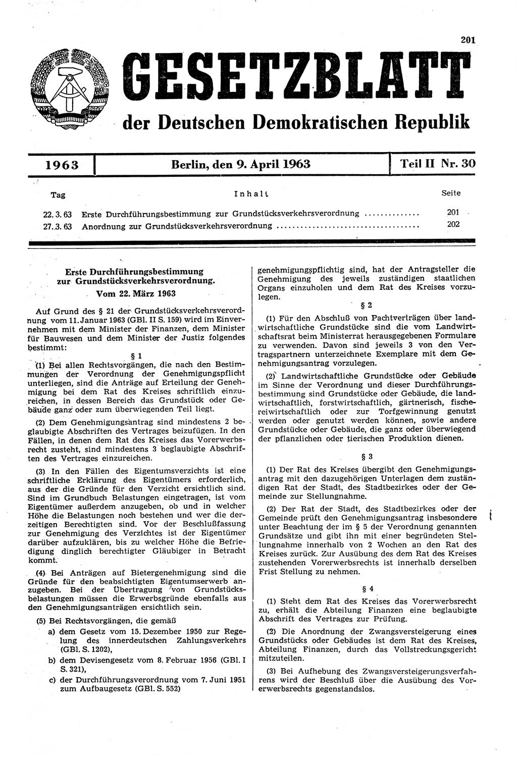 Gesetzblatt (GBl.) der Deutschen Demokratischen Republik (DDR) Teil ⅠⅠ 1963, Seite 201 (GBl. DDR ⅠⅠ 1963, S. 201)