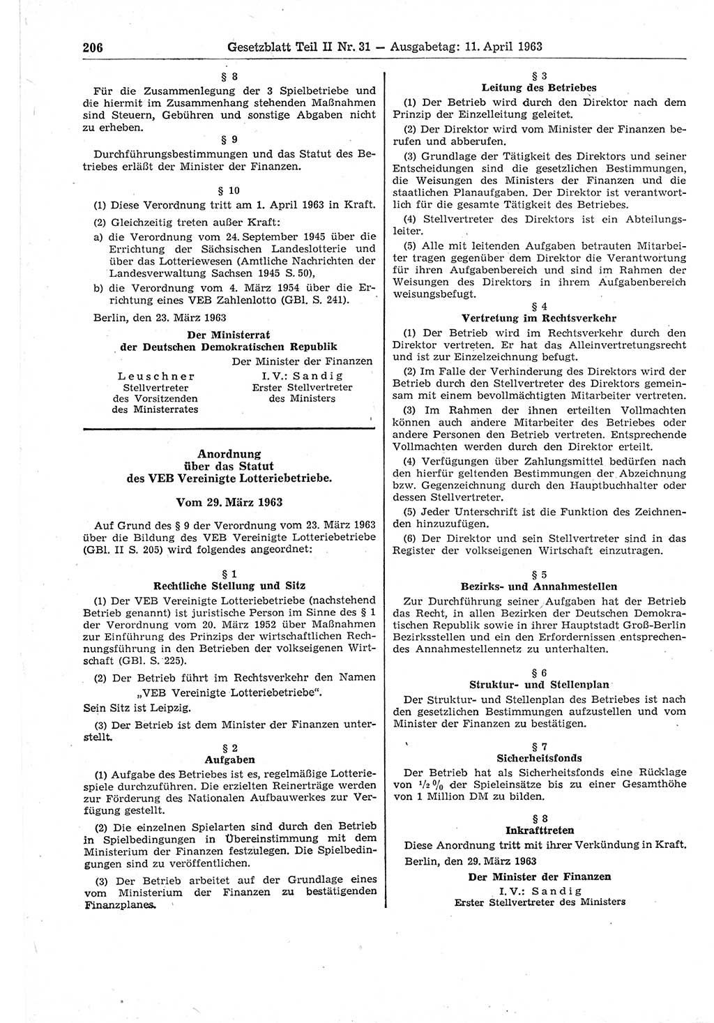 Gesetzblatt (GBl.) der Deutschen Demokratischen Republik (DDR) Teil ⅠⅠ 1963, Seite 206 (GBl. DDR ⅠⅠ 1963, S. 206)