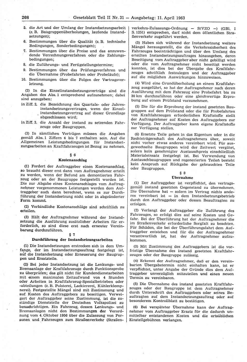 Gesetzblatt (GBl.) der Deutschen Demokratischen Republik (DDR) Teil ⅠⅠ 1963, Seite 208 (GBl. DDR ⅠⅠ 1963, S. 208)