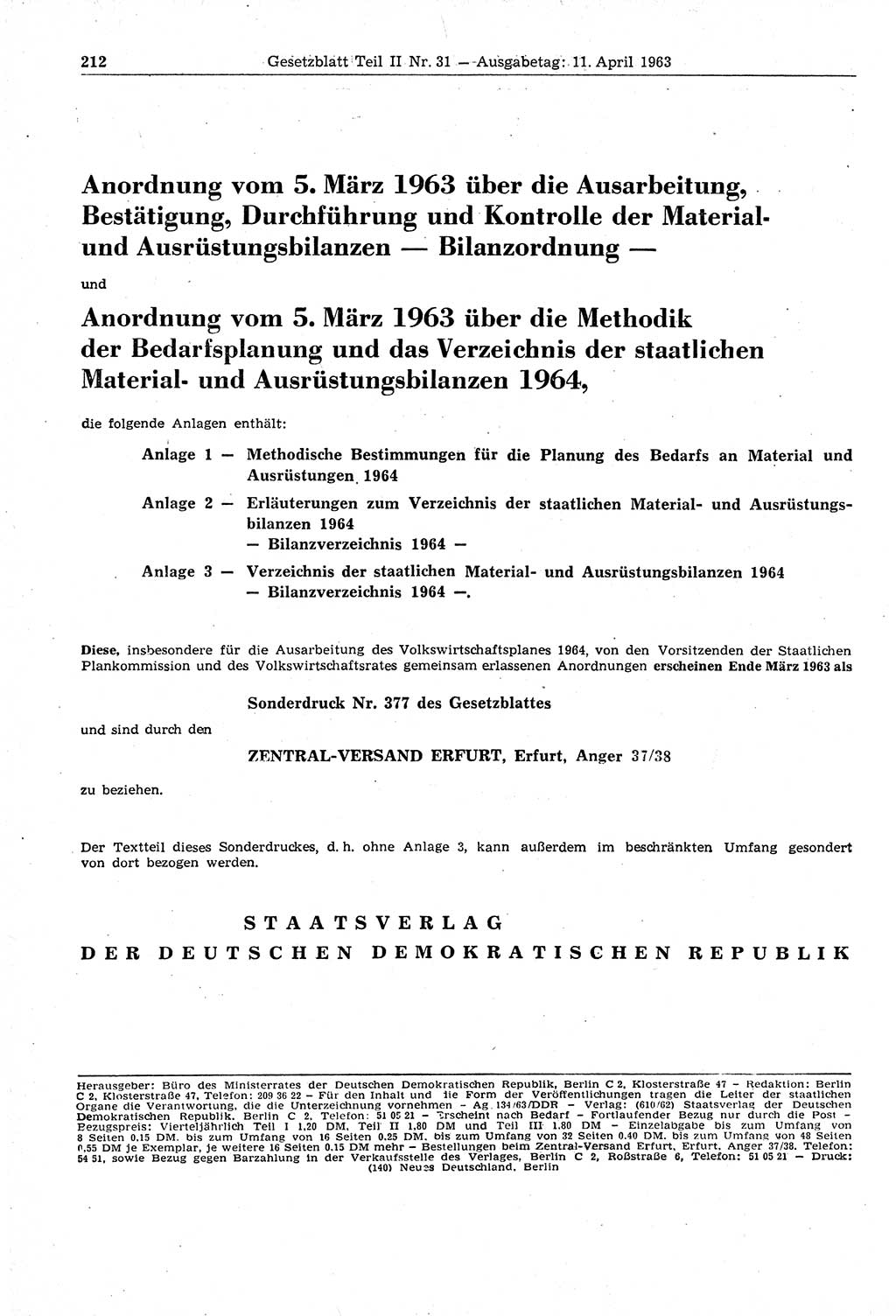 Gesetzblatt (GBl.) der Deutschen Demokratischen Republik (DDR) Teil ⅠⅠ 1963, Seite 212 (GBl. DDR ⅠⅠ 1963, S. 212)
