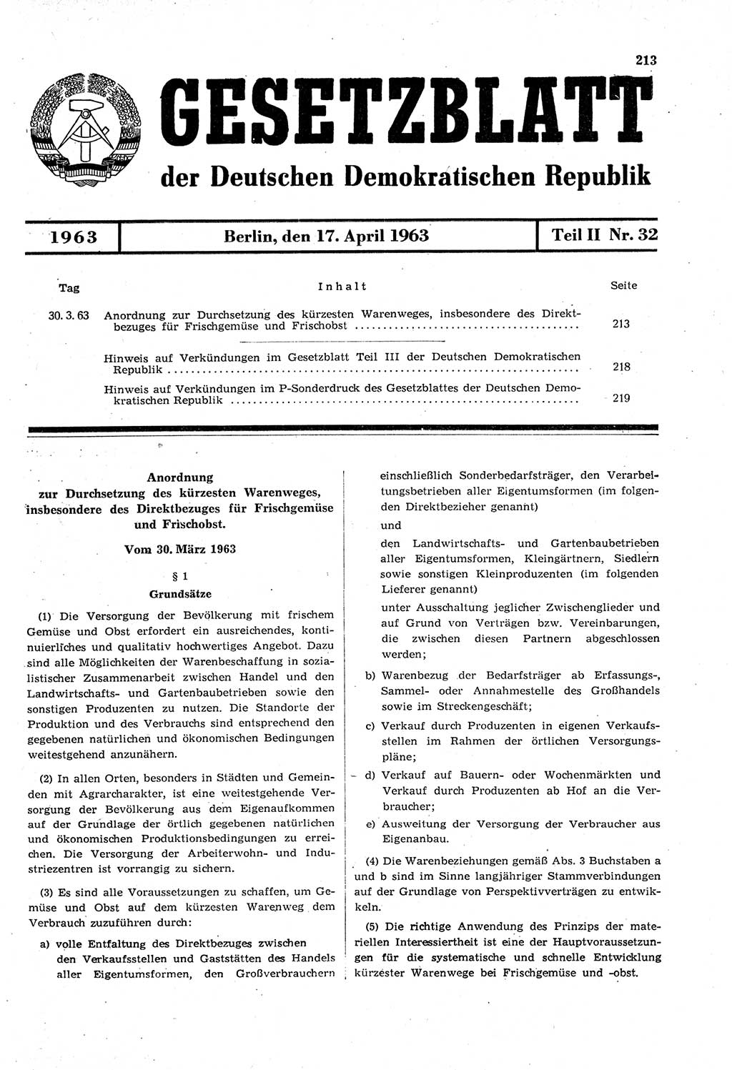 Gesetzblatt (GBl.) der Deutschen Demokratischen Republik (DDR) Teil ⅠⅠ 1963, Seite 213 (GBl. DDR ⅠⅠ 1963, S. 213)