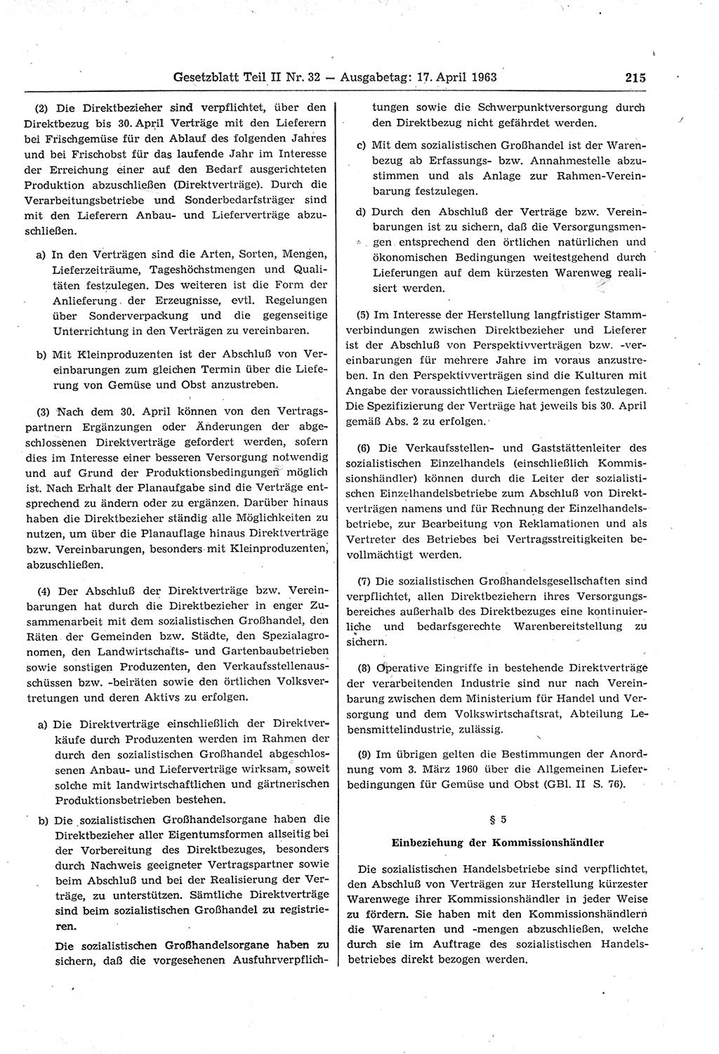 Gesetzblatt (GBl.) der Deutschen Demokratischen Republik (DDR) Teil ⅠⅠ 1963, Seite 215 (GBl. DDR ⅠⅠ 1963, S. 215)