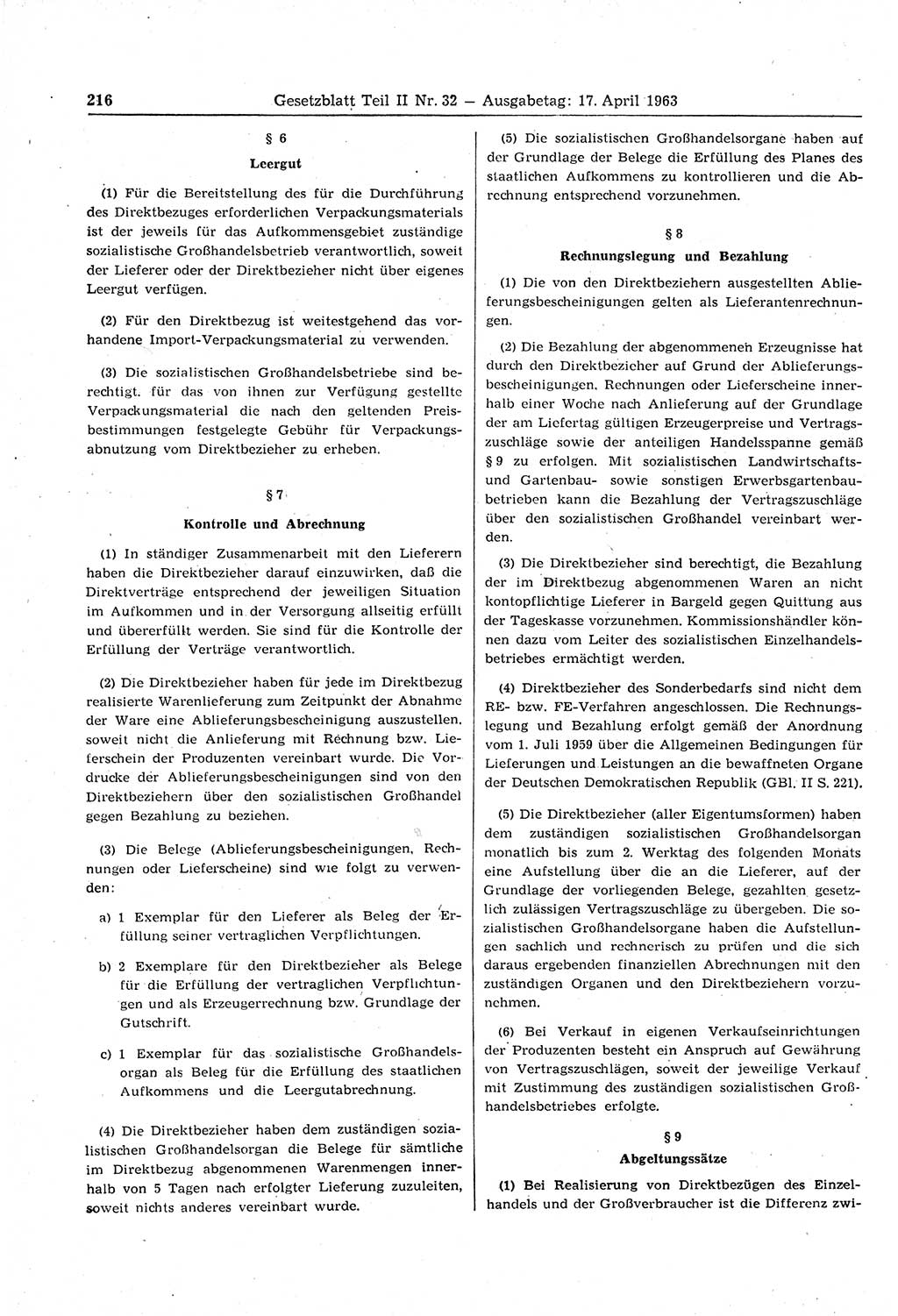 Gesetzblatt (GBl.) der Deutschen Demokratischen Republik (DDR) Teil ⅠⅠ 1963, Seite 216 (GBl. DDR ⅠⅠ 1963, S. 216)