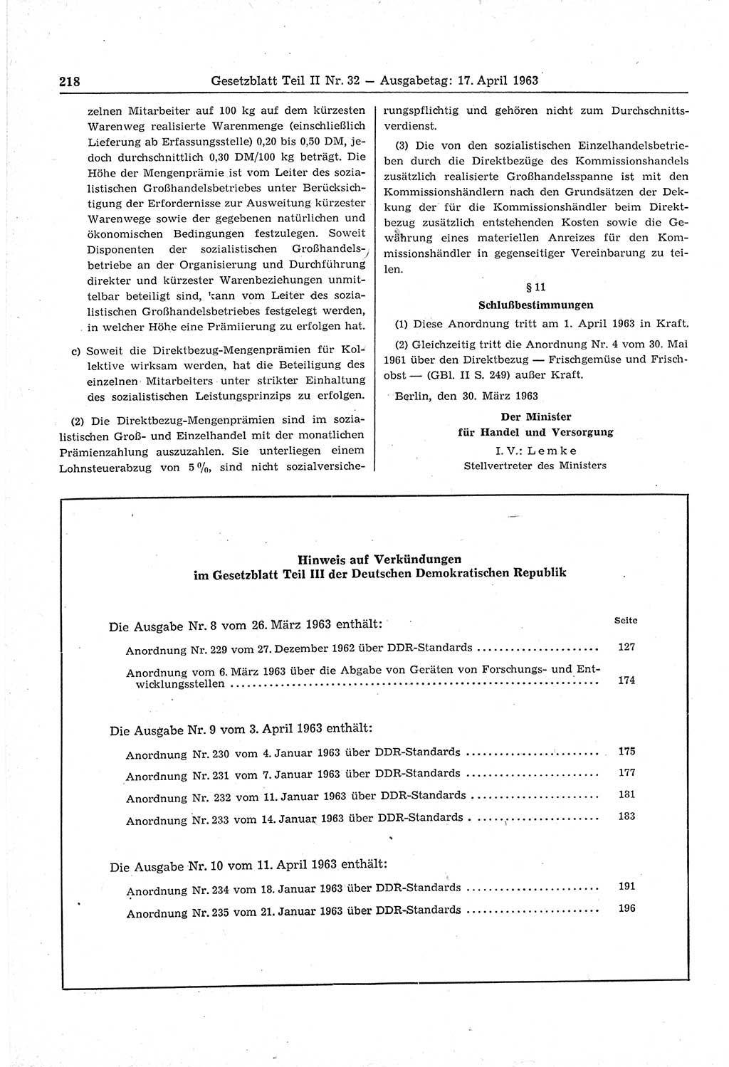 Gesetzblatt (GBl.) der Deutschen Demokratischen Republik (DDR) Teil ⅠⅠ 1963, Seite 218 (GBl. DDR ⅠⅠ 1963, S. 218)