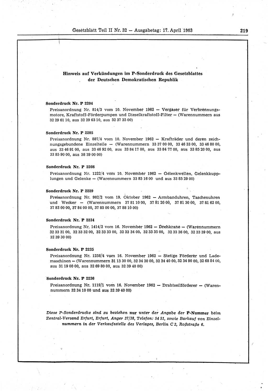 Gesetzblatt (GBl.) der Deutschen Demokratischen Republik (DDR) Teil ⅠⅠ 1963, Seite 219 (GBl. DDR ⅠⅠ 1963, S. 219)