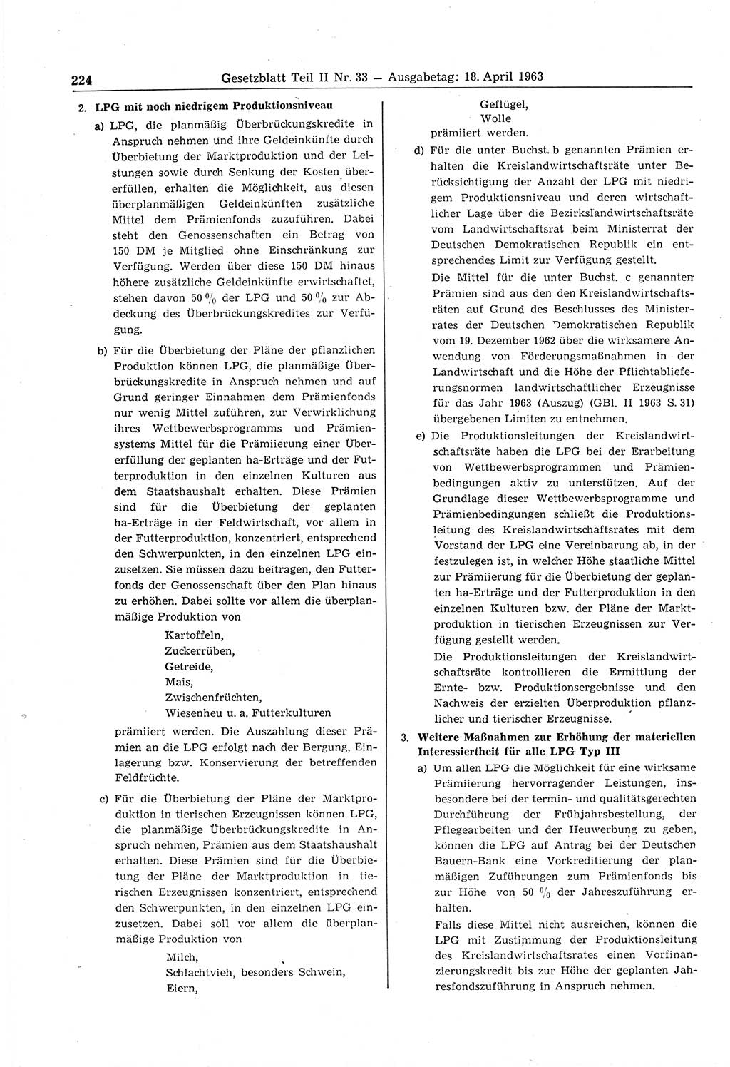 Gesetzblatt (GBl.) der Deutschen Demokratischen Republik (DDR) Teil ⅠⅠ 1963, Seite 224 (GBl. DDR ⅠⅠ 1963, S. 224)