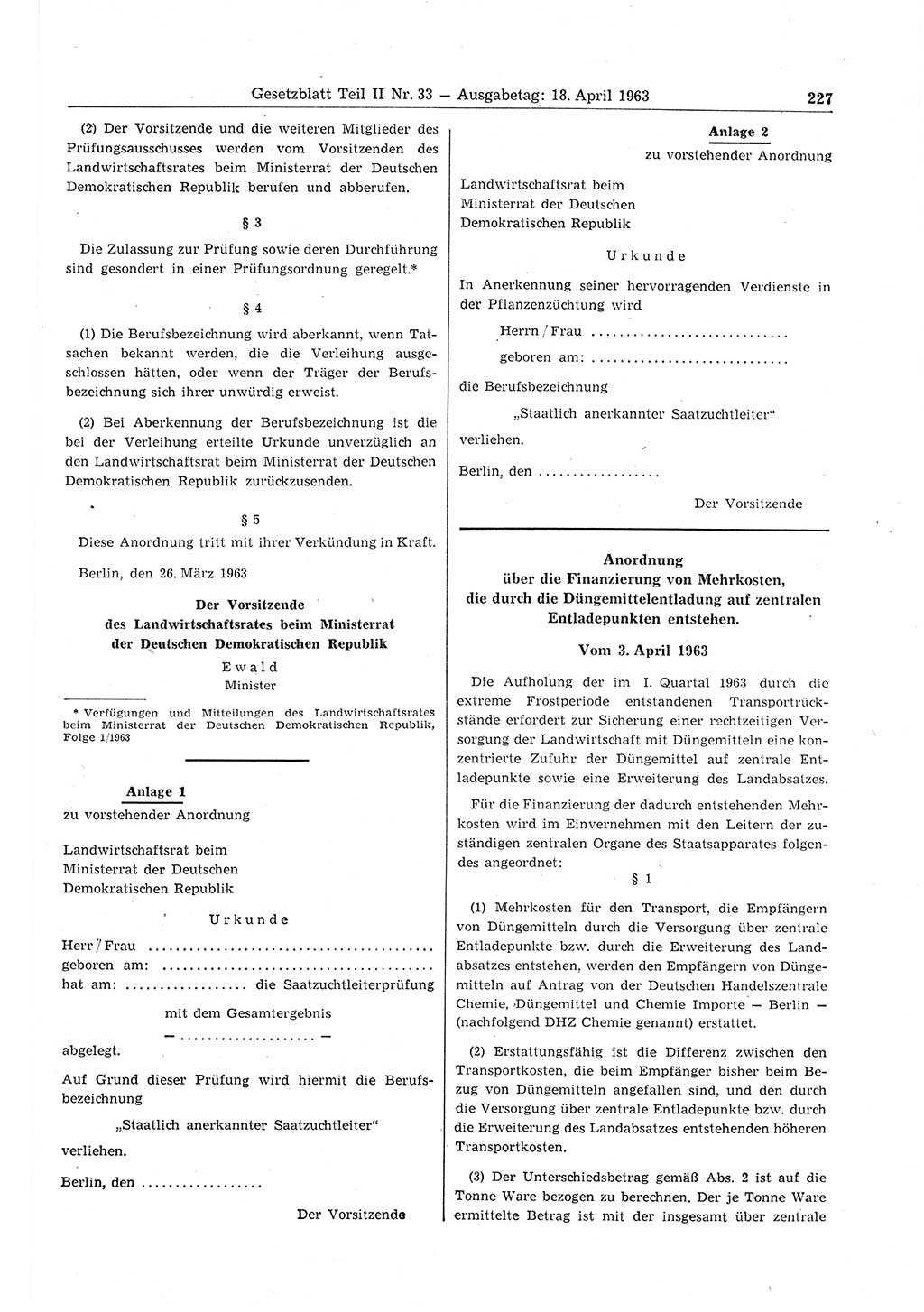 Gesetzblatt (GBl.) der Deutschen Demokratischen Republik (DDR) Teil ⅠⅠ 1963, Seite 227 (GBl. DDR ⅠⅠ 1963, S. 227)