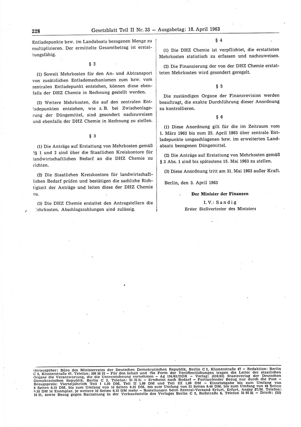 Gesetzblatt (GBl.) der Deutschen Demokratischen Republik (DDR) Teil ⅠⅠ 1963, Seite 228 (GBl. DDR ⅠⅠ 1963, S. 228)