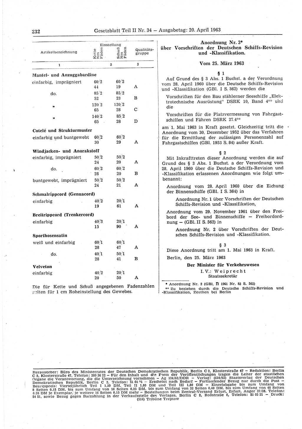 Gesetzblatt (GBl.) der Deutschen Demokratischen Republik (DDR) Teil ⅠⅠ 1963, Seite 232 (GBl. DDR ⅠⅠ 1963, S. 232)
