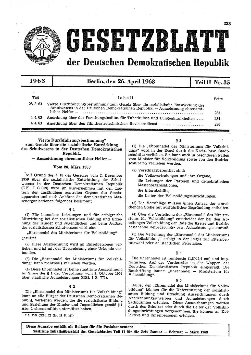 Gesetzblatt (GBl.) der Deutschen Demokratischen Republik (DDR) Teil ⅠⅠ 1963, Seite 233 (GBl. DDR ⅠⅠ 1963, S. 233)