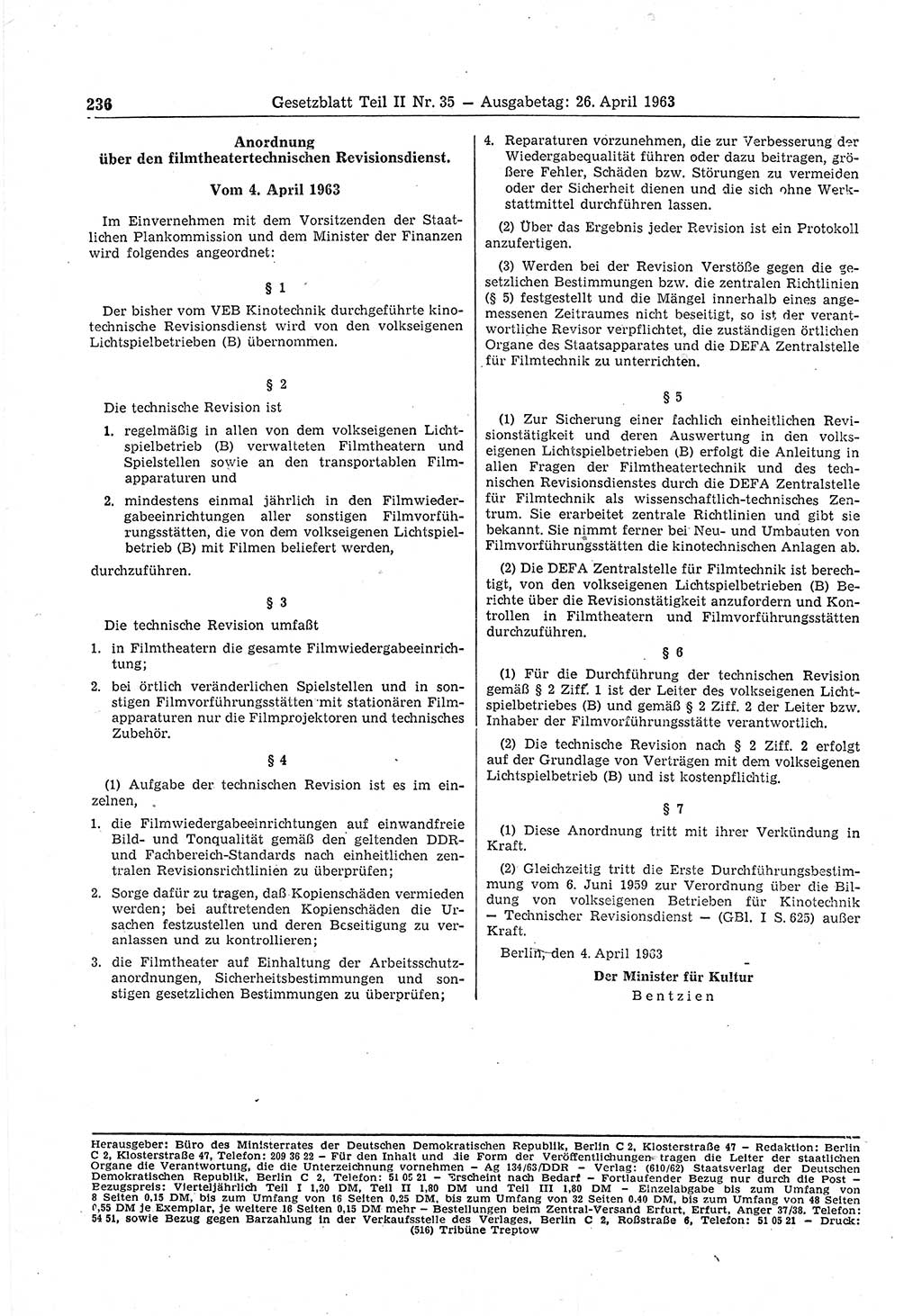 Gesetzblatt (GBl.) der Deutschen Demokratischen Republik (DDR) Teil ⅠⅠ 1963, Seite 236 (GBl. DDR ⅠⅠ 1963, S. 236)