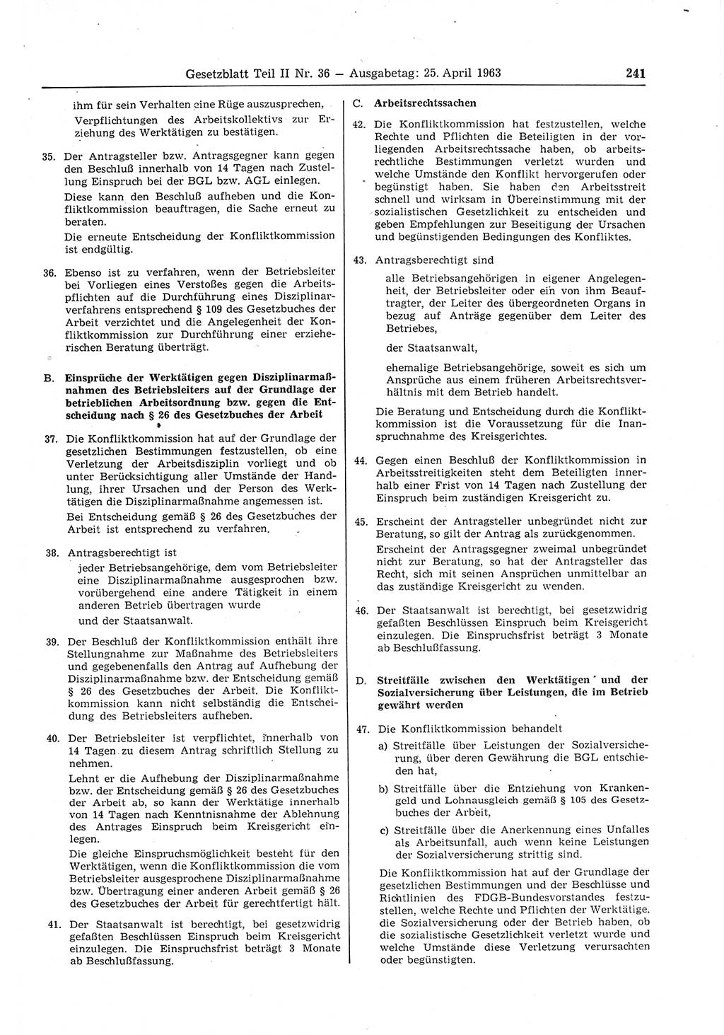 Gesetzblatt (GBl.) der Deutschen Demokratischen Republik (DDR) Teil ⅠⅠ 1963, Seite 241 (GBl. DDR ⅠⅠ 1963, S. 241)