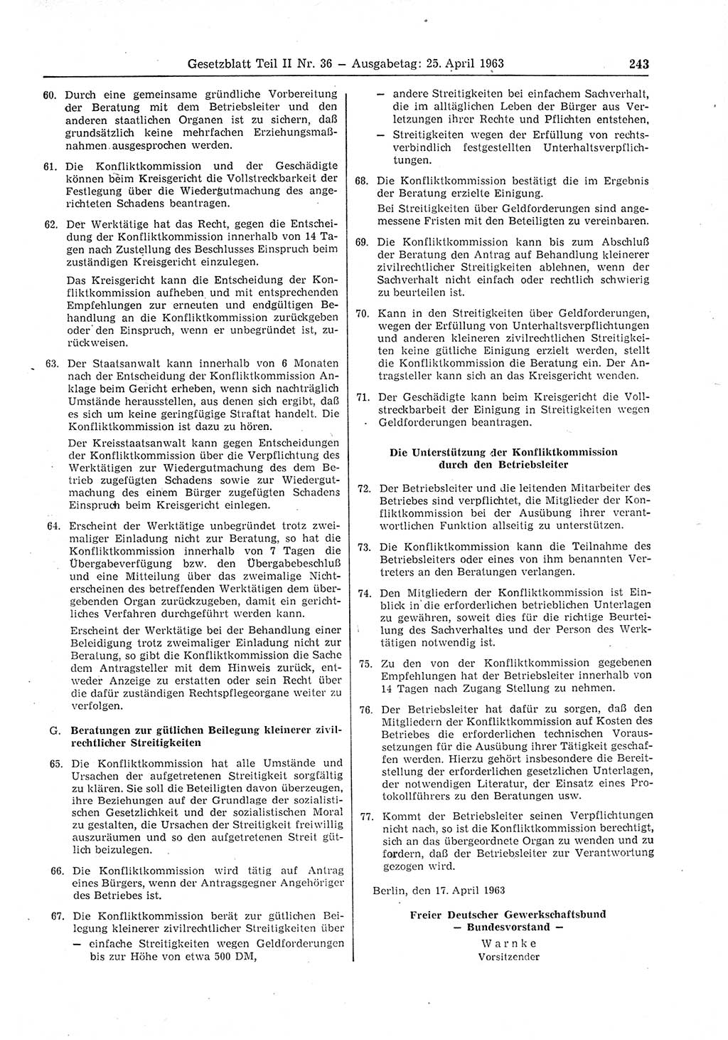 Gesetzblatt (GBl.) der Deutschen Demokratischen Republik (DDR) Teil ⅠⅠ 1963, Seite 243 (GBl. DDR ⅠⅠ 1963, S. 243)