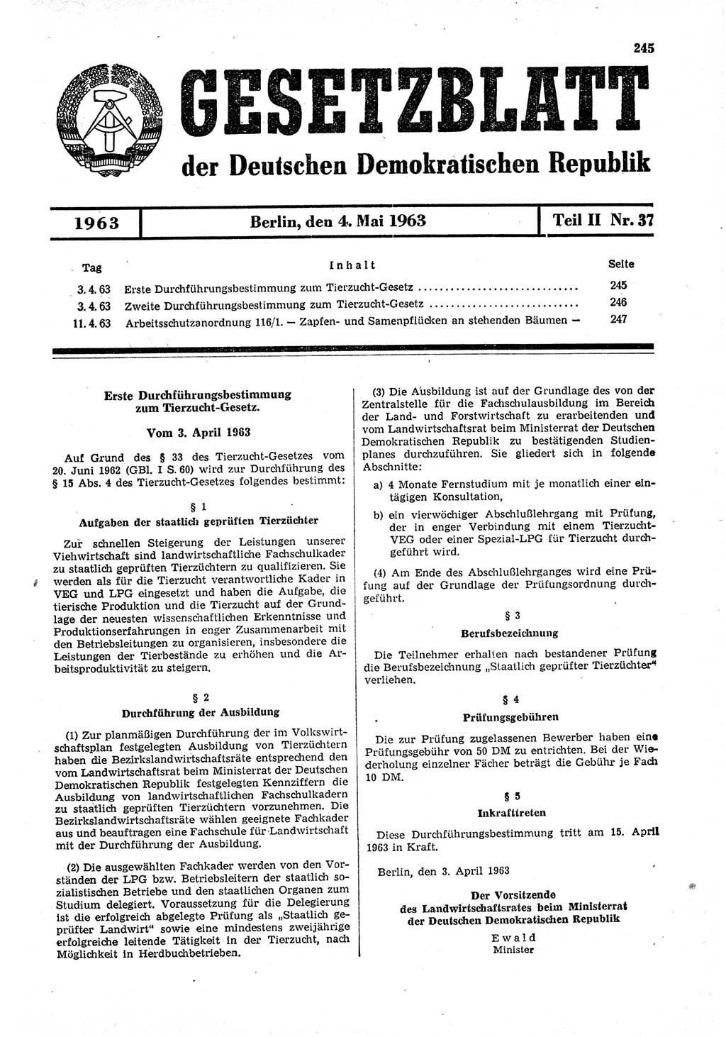 Gesetzblatt (GBl.) der Deutschen Demokratischen Republik (DDR) Teil ⅠⅠ 1963, Seite 245 (GBl. DDR ⅠⅠ 1963, S. 245)