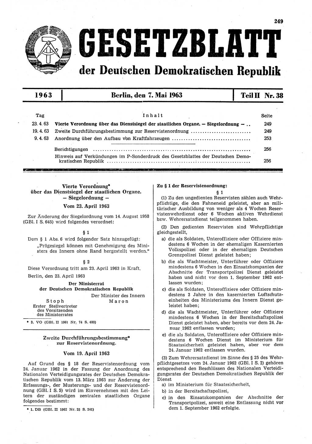 Gesetzblatt (GBl.) der Deutschen Demokratischen Republik (DDR) Teil ⅠⅠ 1963, Seite 249 (GBl. DDR ⅠⅠ 1963, S. 249)